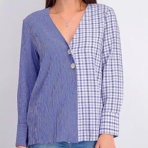 Mango Blouse Womens 4 Combined Checkered Asymmetrical Suit Top Plaid Patchwork